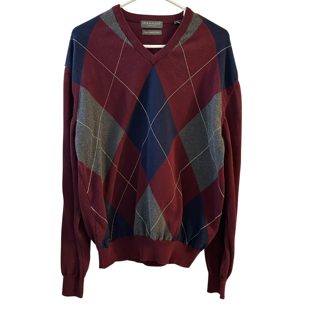 Lyle & Scott Men's Argyle V‎ Neck Sweater Burgundy Navy Grey Size L 100% Cotton